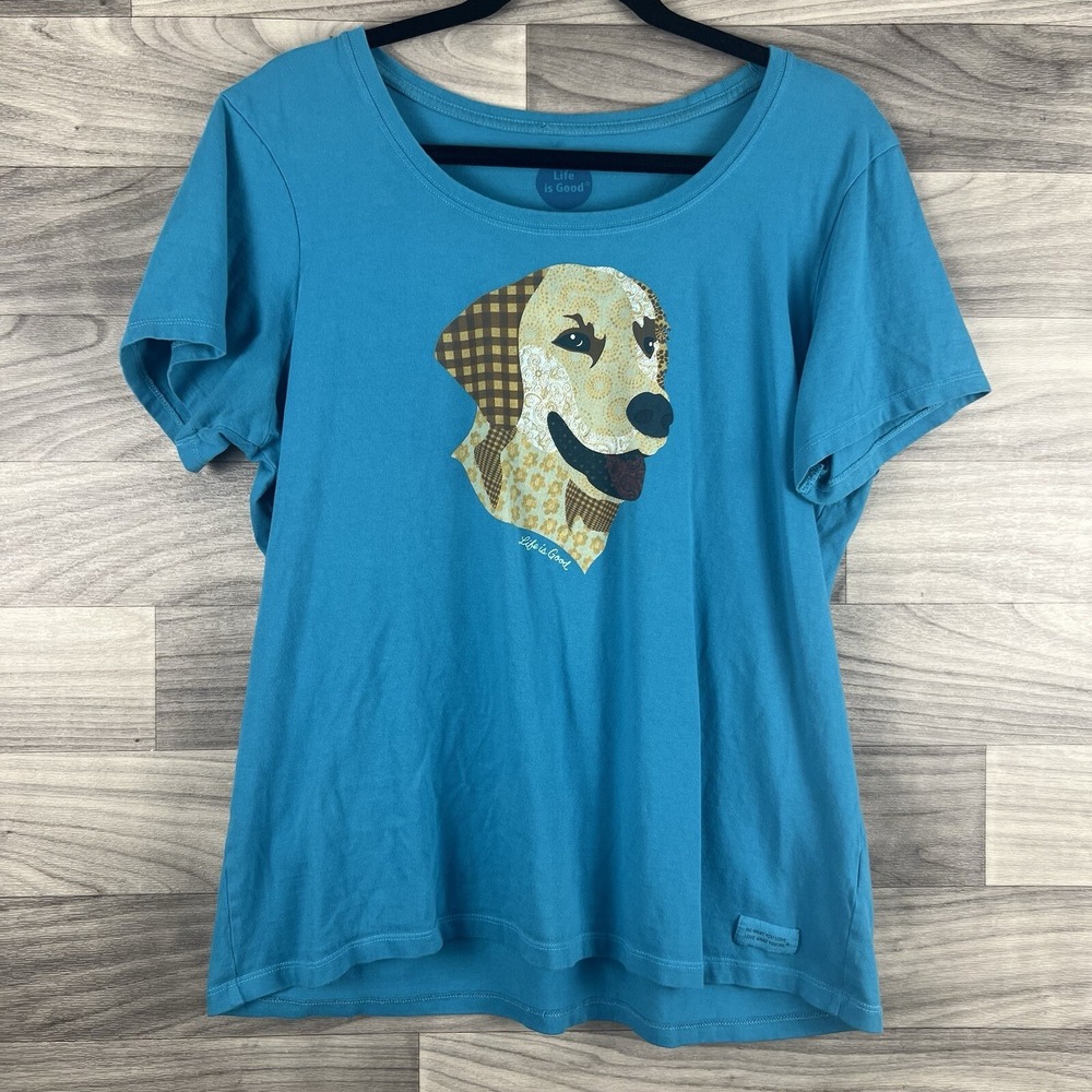 Life Is Good Crusher Tshirt Top Women L Blue Dog Golden Lab Short Sleeve Outdoor